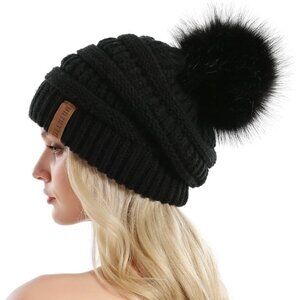 Women's Black 100% Acrylic Cable Knit Beanie Faux Fur Winter Warm Slouchy Hat
